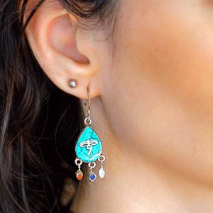 Boucles d'Oreilles argent Turquoise, Lapis Lazuli et Corail Rouge