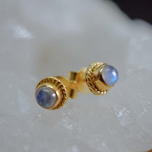 Boucles d'oreilles puces argent plaqué Or et Pierre de Lune