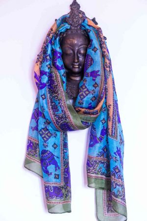 Foulard en Soie Bleu Vert Motifs Dromadaires