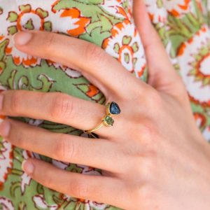 Bague Laiton Pierres Brutes Tourmaline Noire et Péridot