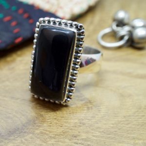 Grosse bague rectangle argent onyx noir