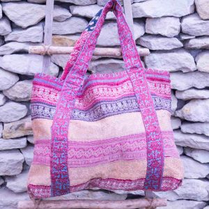 Sac Cabas Vintage Kantha Sable et Buyère Anse Rose