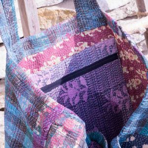 Sac Cabas Vintage Kantha Bleu avec Bandeaux Fleuris