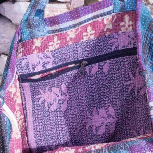 Sac Cabas Vintage Kantha Bleu avec Bandeaux Verts
