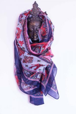 Foulard Soie Bleu Rouge et Rose avec Motifs Eléphants