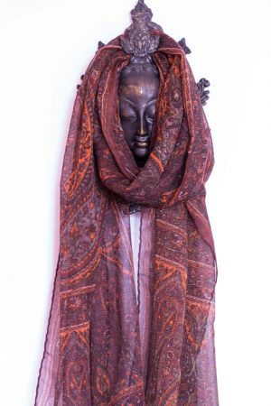 Foulard Soie Marron et Orange avec Motifs Cachemires