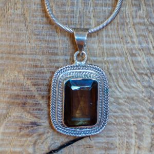 Pendentif rectangle quartz fumé argent