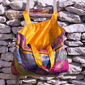 Sac Cabas en sari de soie ancien doublé soie pure jaune