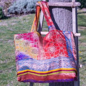 Sac Cabas en Sari de Soie Ancien Doublure Soie Pure Jaune Orangé