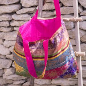 Sac Cabas en Sari de Soie Ancien Doublure Soie Pure Rose Indien