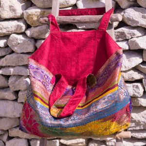 Sac Cabas en Sari de Soie Ancien Doublure Soie Pure Rouge Foncé