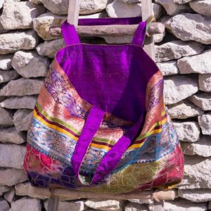 Sac Cabas en Sari de Soie Ancien Doublure Soie Pure Violette