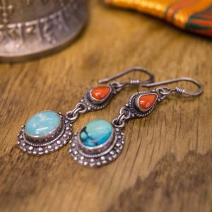 Boucles d'Oreilles Himalaya en Argent 925 Turquoise et Corail
