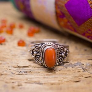 Bague Ethnique Tagore Argent et Corail Rouge