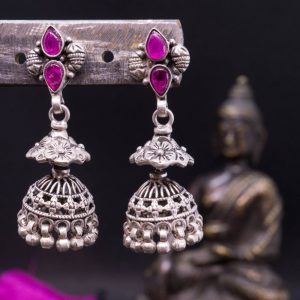 Boucles d'Oreilles Bollywood Argent et Grenat Rose